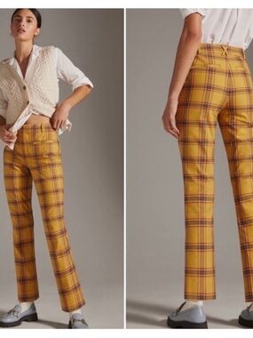 Anthropologie Mustard Plaid Straight-Leg Pants
